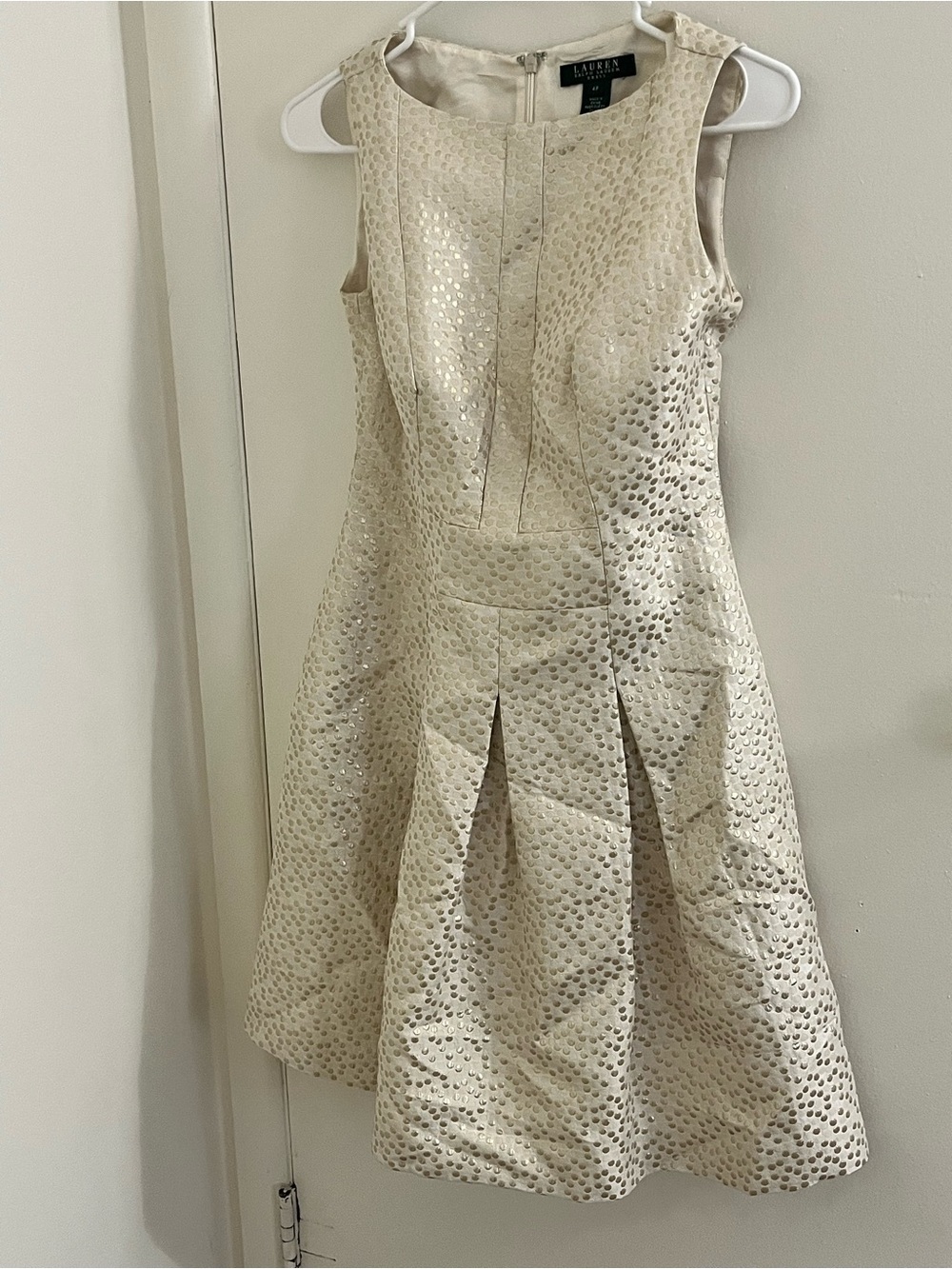Lauren Ralph Lauren 4P Petite Ivory Gold Metallic Fit Flare Dress